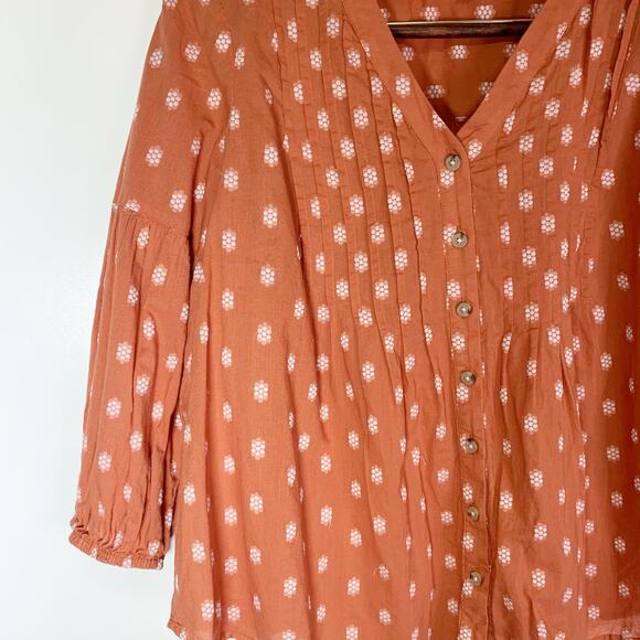 J. Jill Peasant Top Rust Orange Patterned V Neck Peasant Blouse button India MP - Picture 10 of 16